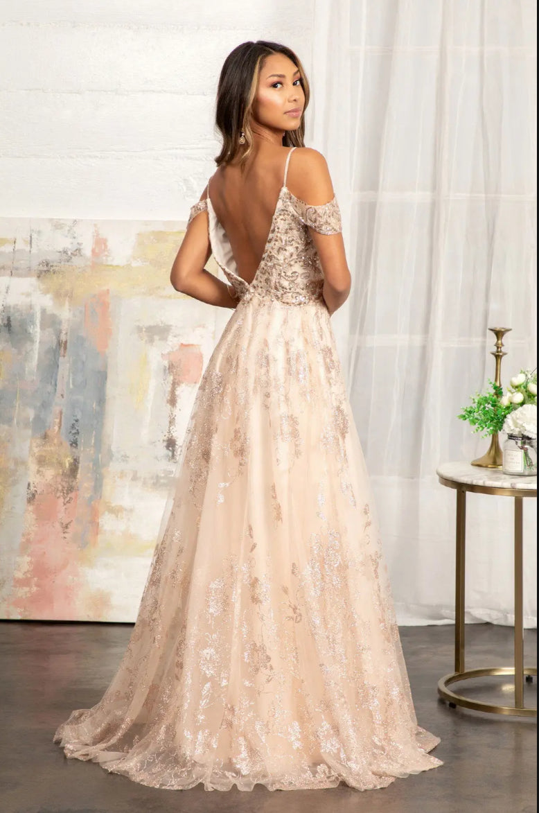 Illusion V-Neck Embroidered Mesh A-line Dress w/ Open V-Back Dial up the glam for your look! GL3070 GLS BY ELIZABETH K