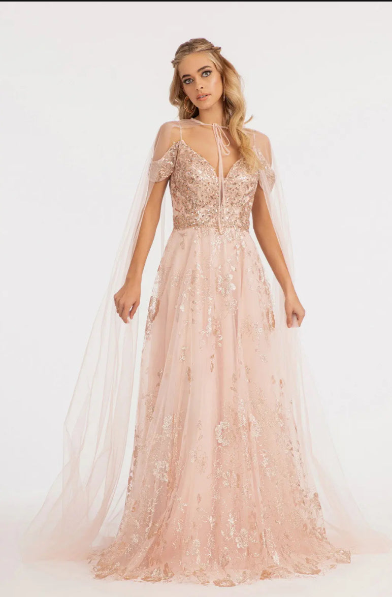 Illusion V-Neck Embroidered Mesh A-line Dress w/ Open V-Back Dial up the glam for your look! GL3070 GLS BY ELIZABETH K