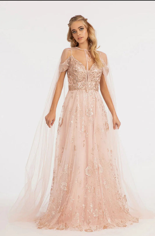 Illusion V-Neck Embroidered Mesh A-line Dress w/ Open V-Back Dial up the glam for your look! GL3070 GLS BY ELIZABETH K
