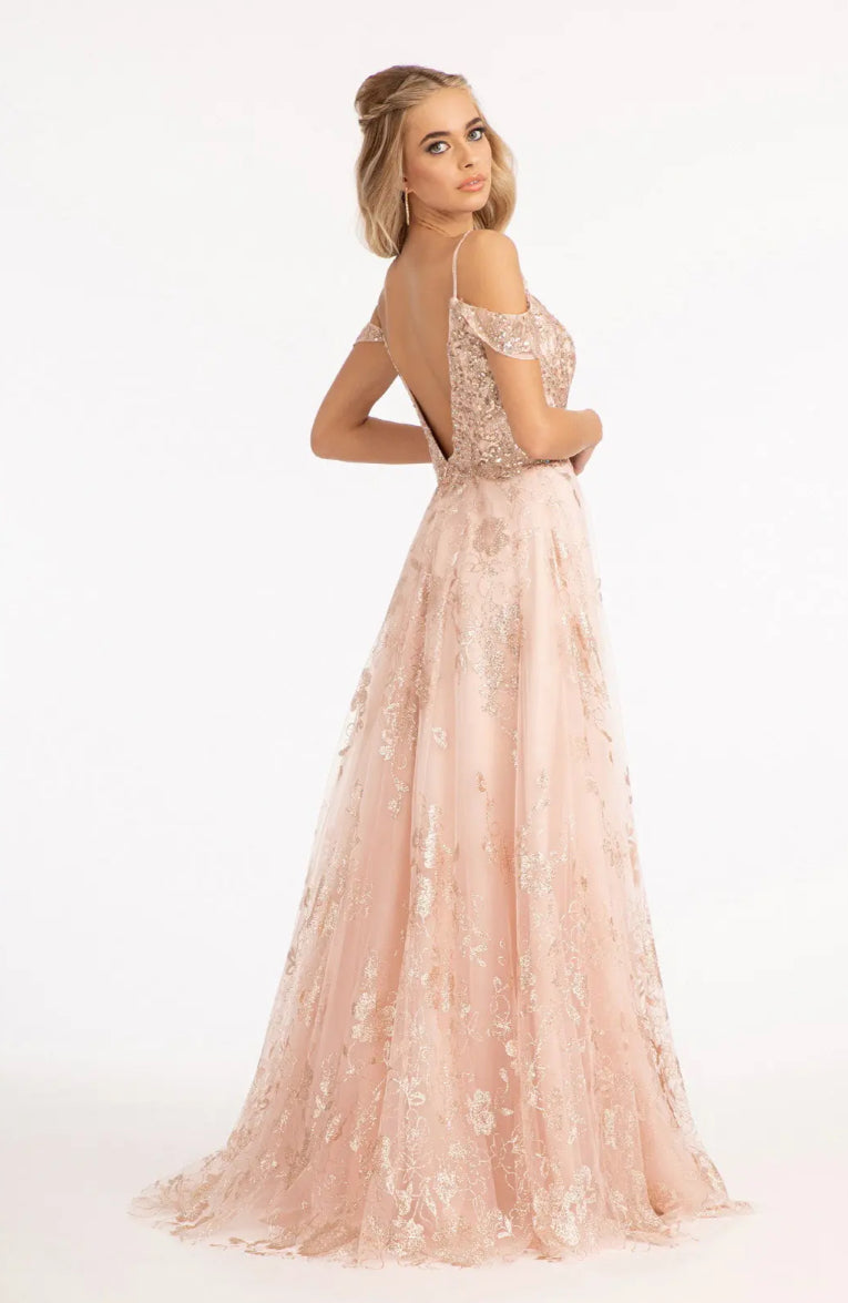 Illusion V-Neck Embroidered Mesh A-line Dress w/ Open V-Back Dial up the glam for your look! GL3070 GLS BY ELIZABETH K
