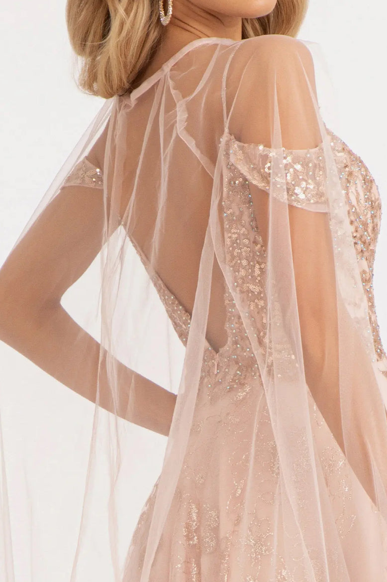 Illusion V-Neck Embroidered Mesh A-line Dress w/ Open V-Back Dial up the glam for your look! GL3070 GLS BY ELIZABETH K