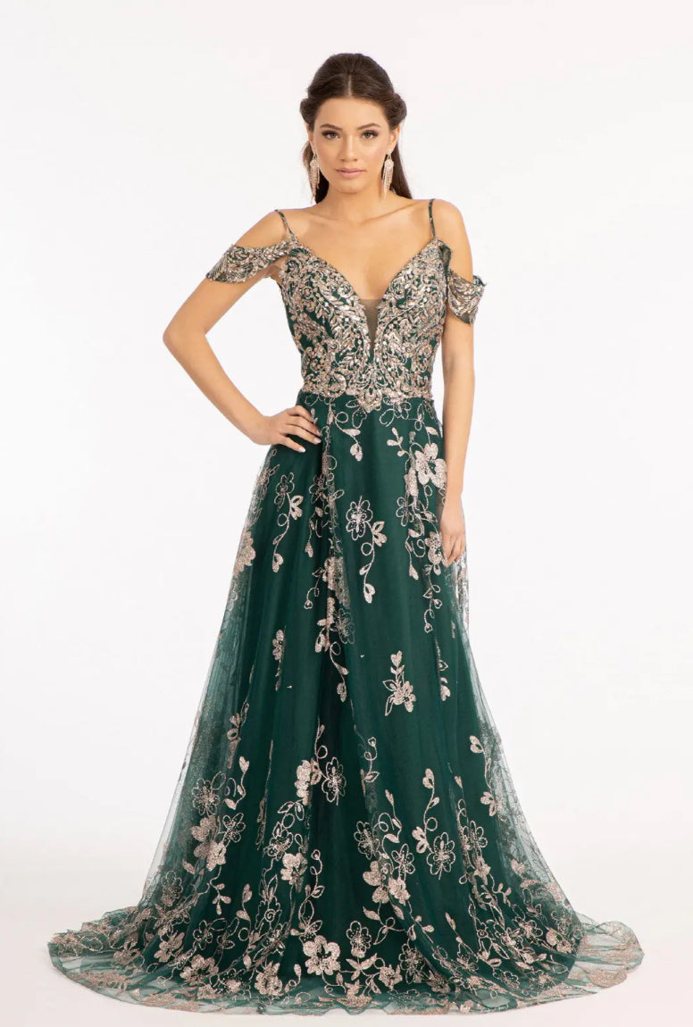 Illusion V-Neck Embroidered Mesh A-line Dress w/ Open V-Back Dial up the glam for your look! GL3070 GLS BY ELIZABETH K