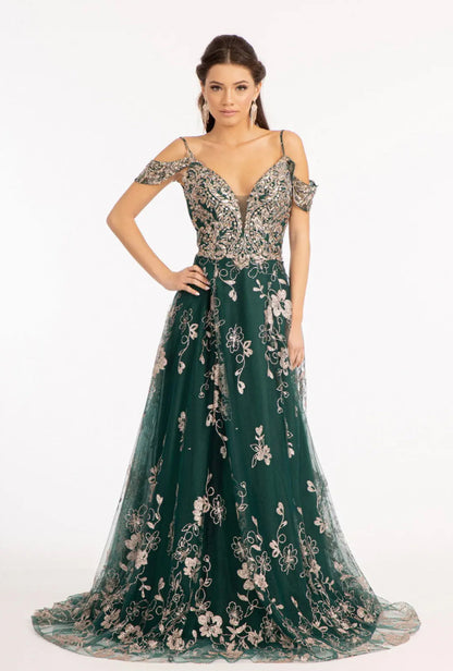 Illusion V-Neck Embroidered Mesh A-line Dress w/ Open V-Back Dial up the glam for your look! GL3070 GLS BY ELIZABETH K