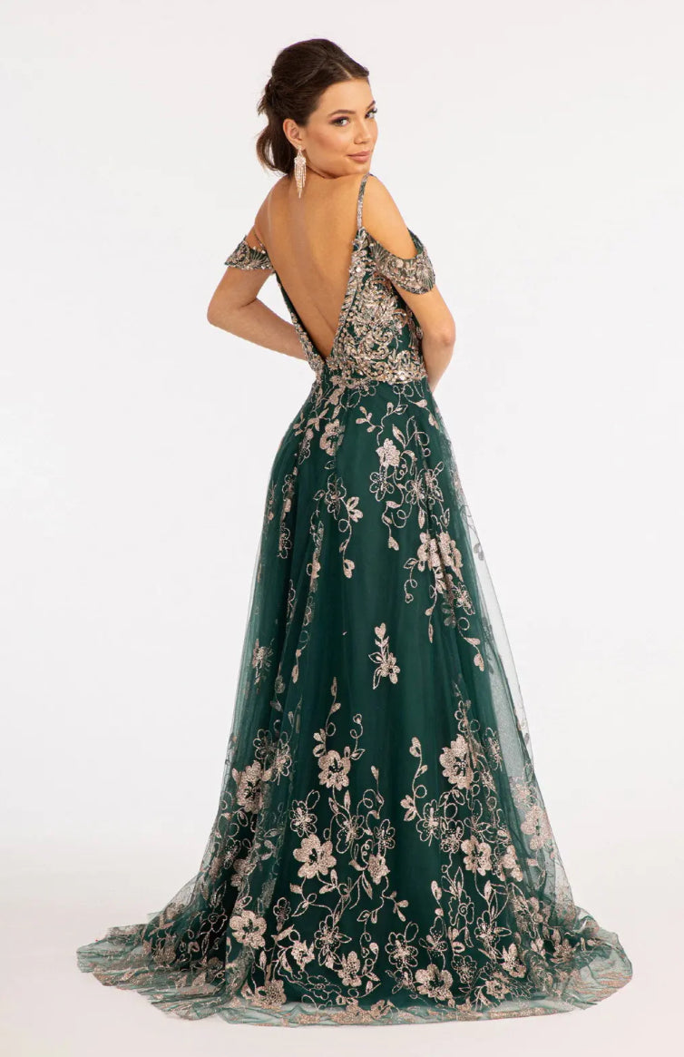 Illusion V-Neck Embroidered Mesh A-line Dress w/ Open V-Back Dial up the glam for your look! GL3070 GLS BY ELIZABETH K