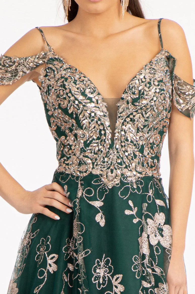 Illusion V-Neck Embroidered Mesh A-line Dress w/ Open V-Back Dial up the glam for your look! GL3070 GLS BY ELIZABETH K