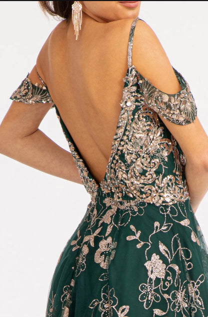 Illusion V-Neck Embroidered Mesh A-line Dress w/ Open V-Back Dial up the glam for your look! GL3070 GLS BY ELIZABETH K