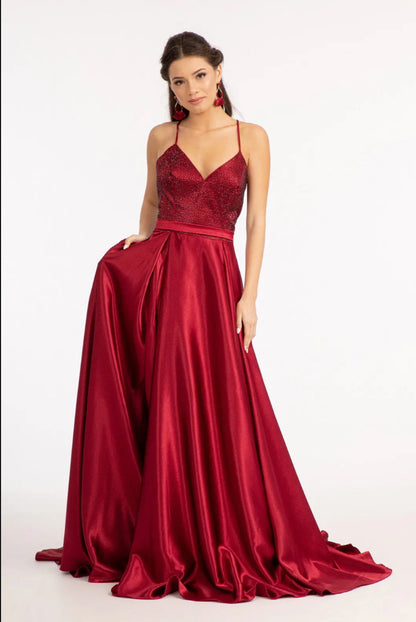 Full Rhinestone Bodice Lace-Up Back Satin Prom Dress w/ Waistband. GL3040 GLS BY GLORIA
