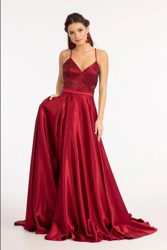 Full Rhinestone Bodice Lace-Up Back Satin Prom Dress w/ Waistband. GL3040 GLS BY GLORIA