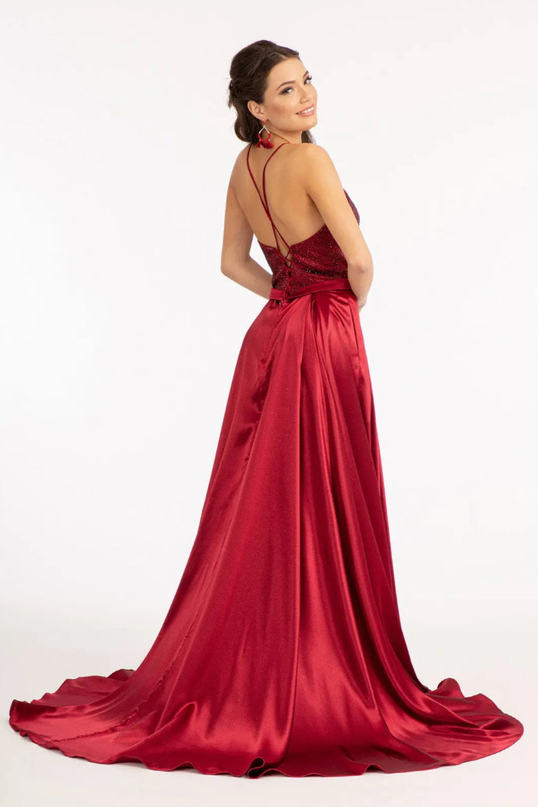 Full Rhinestone Bodice Lace-Up Back Satin Prom Dress w/ Waistband. GL3040 GLS BY GLORIA
