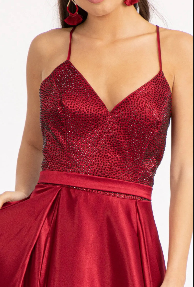 Full Rhinestone Bodice Lace-Up Back Satin Prom Dress w/ Waistband. GL3040 GLS BY GLORIA