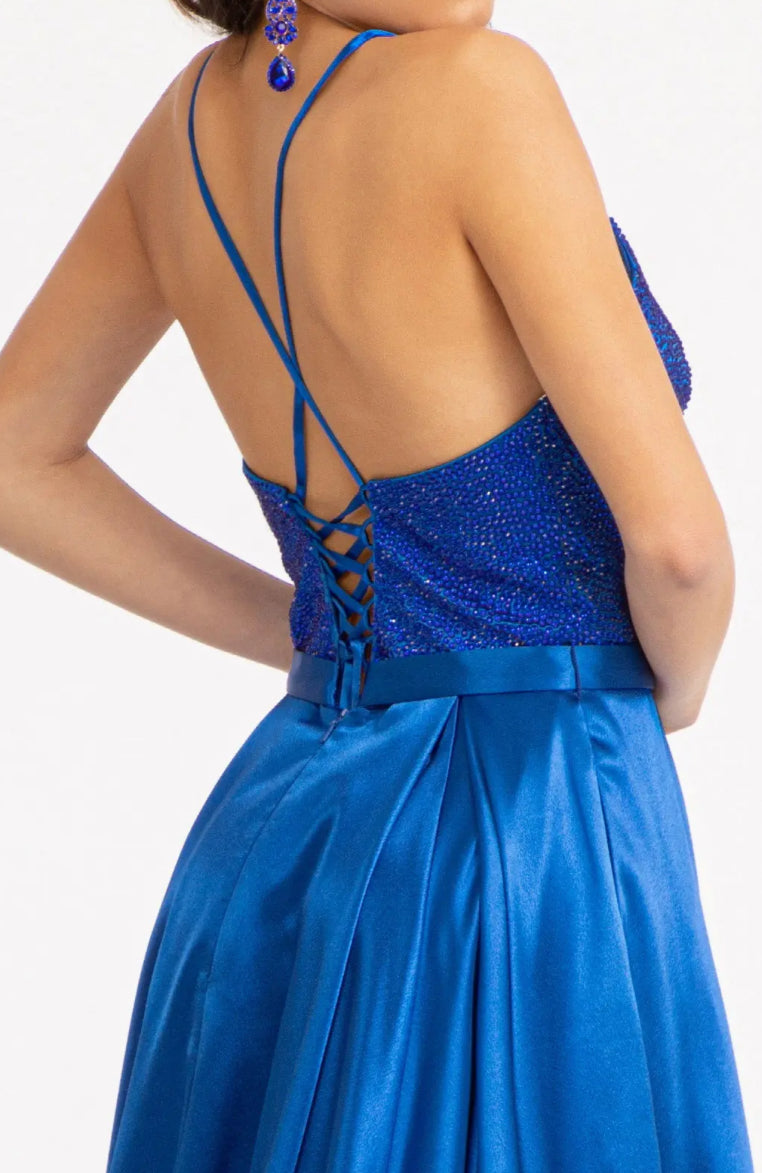 Full Rhinestone Bodice Lace-Up Back Satin Prom Dress w/ Waistband. GL3040 GLS BY GLORIA