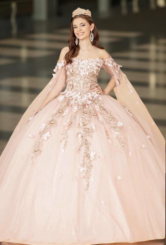 Off Shoulder Mesh Quinceanera Gown w/ Shoulder Side Mesh Drapes. GL3075 GLS BY ELIZABETH K