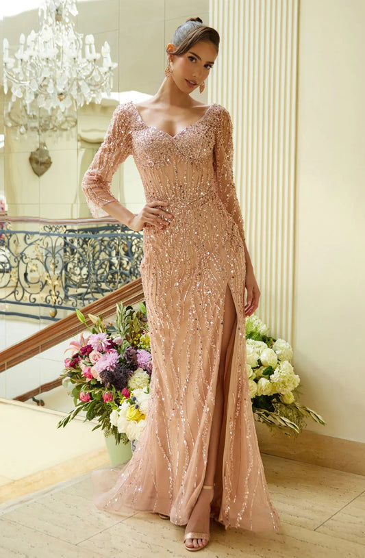 Look opulent in this richly decorated dress with beads and sequins forming wavy patterns throughout. GL3575 GLS BY GLORIA