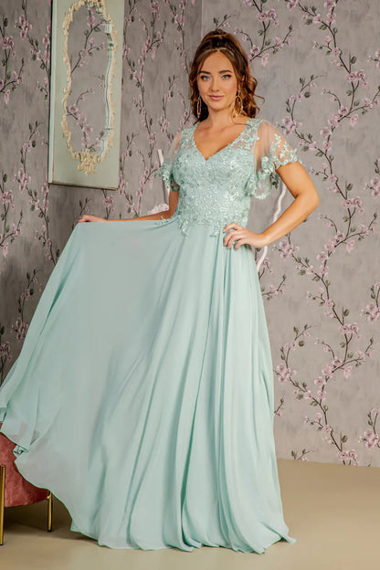 3-D Flower Embroidery Chiffon A-line Long Dress w/ Sheer Short Sleeves. Gl3352 GLS BY GLORIA