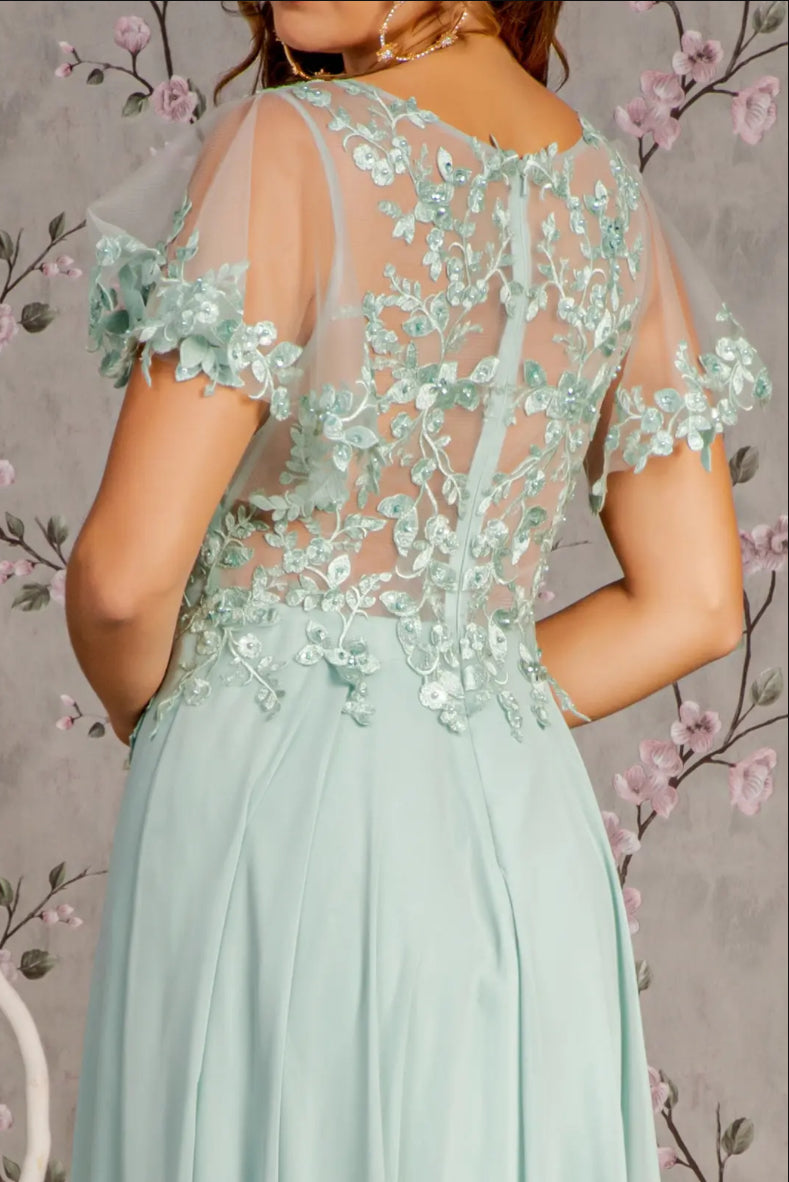 3-D Flower Embroidery Chiffon A-line Long Dress w/ Sheer Short Sleeves. Gl3352 GLS BY GLORIA
