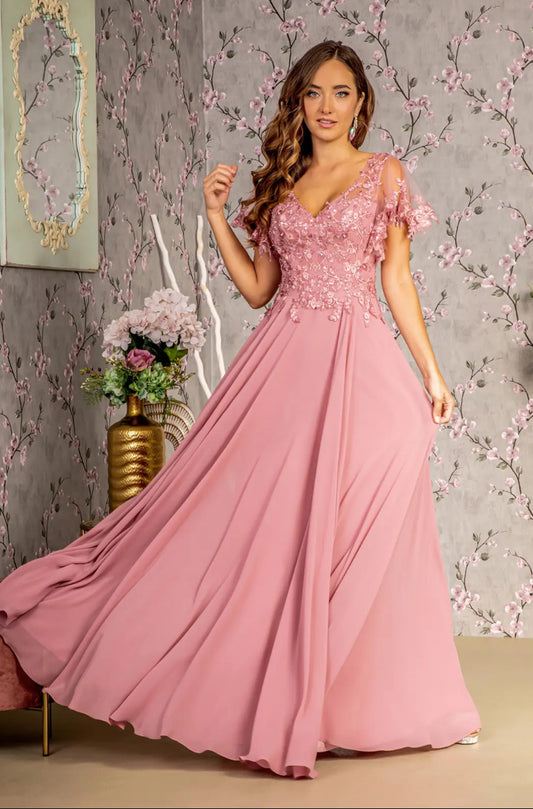 3-D Flower Embroidery Chiffon A-line Long Dress w/ Sheer Short Sleeves. Gl3352 GLS BY GLORIA