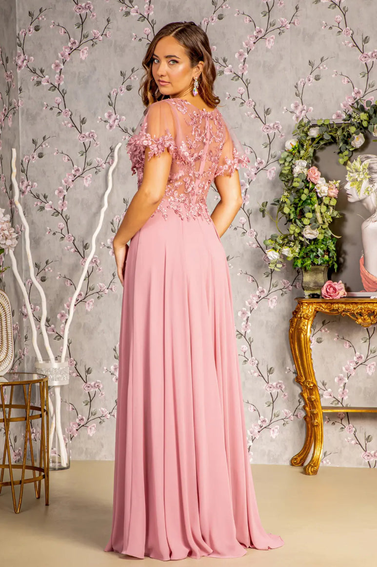 3-D Flower Embroidery Chiffon A-line Long Dress w/ Sheer Short Sleeves. Gl3352 GLS BY GLORIA