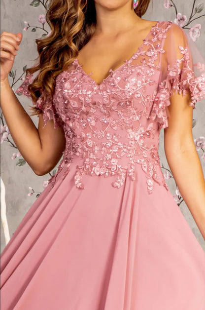 3-D Flower Embroidery Chiffon A-line Long Dress w/ Sheer Short Sleeves. Gl3352 GLS BY GLORIA