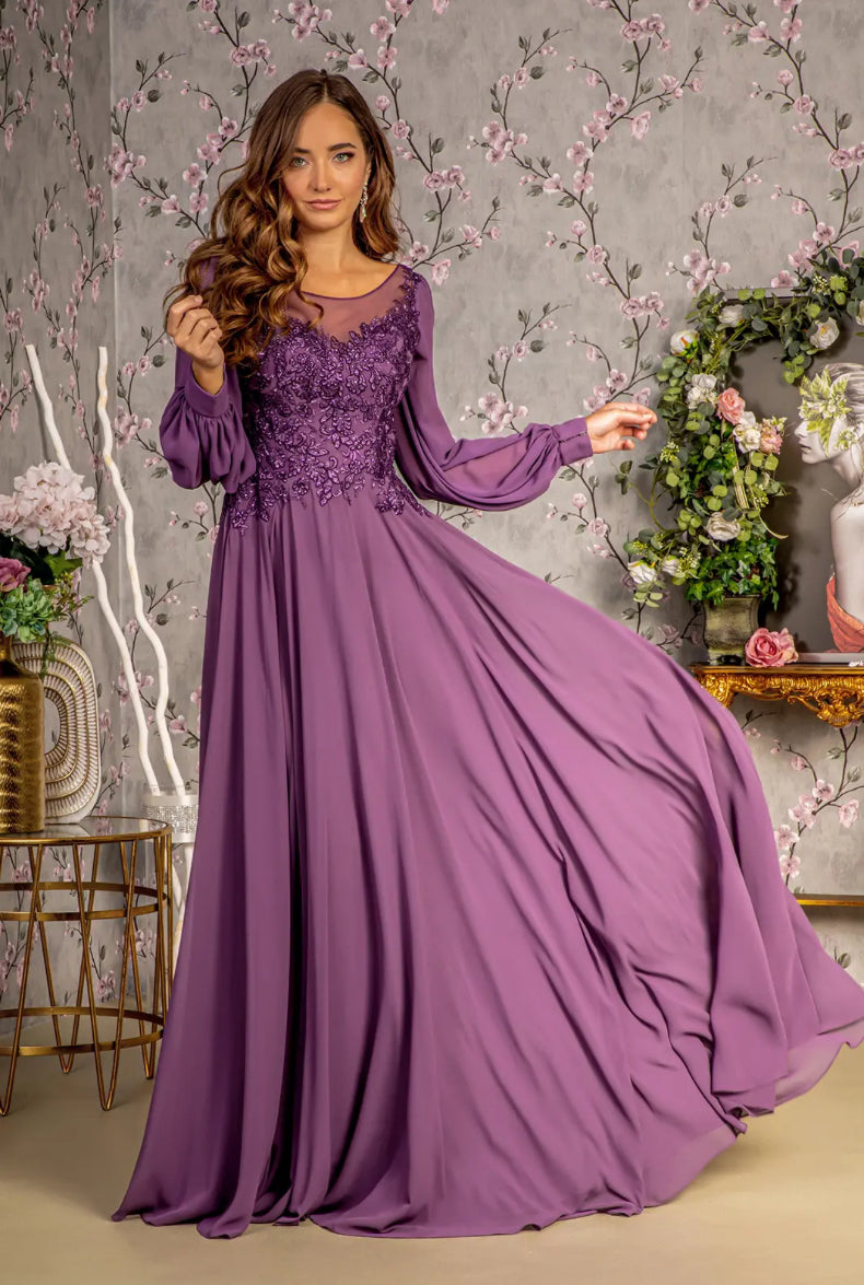 Floral Embroidery Sheer Boat Neckline Chiffon A-line Long Dress. Gl3363 GLS BY GLORIA