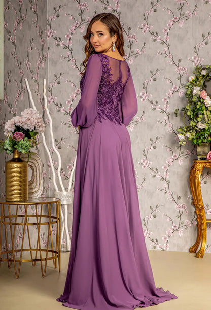 Floral Embroidery Sheer Boat Neckline Chiffon A-line Long Dress. Gl3363 GLS BY GLORIA