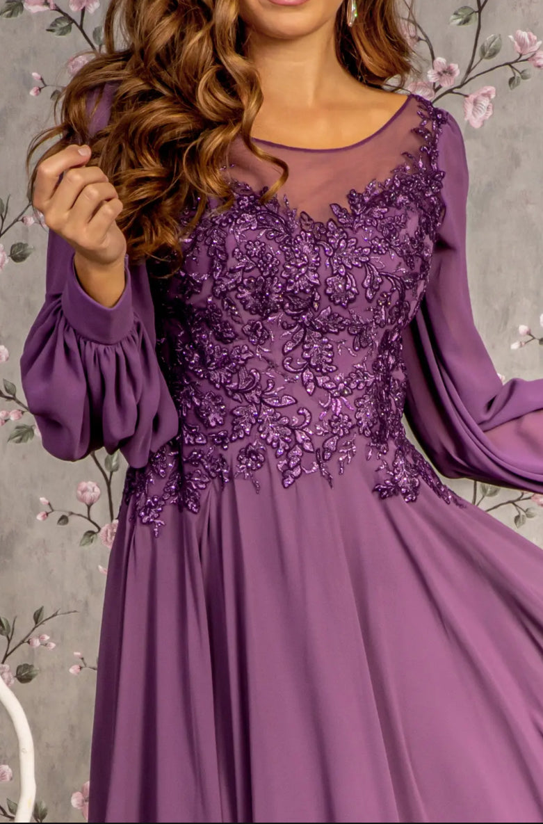 Floral Embroidery Sheer Boat Neckline Chiffon A-line Long Dress. Gl3363 GLS BY GLORIA