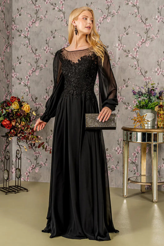 Floral Embroidery Sheer Boat Neckline Chiffon A-line Long Dress. Gl3363 GLS BY GLORIA