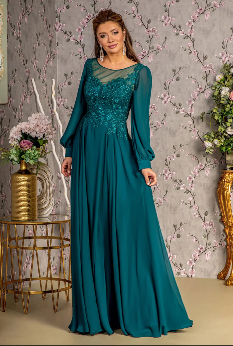 Floral Embroidery Sheer Boat Neckline Chiffon A-line Long Dress. Gl3363 GLS BY GLORIA