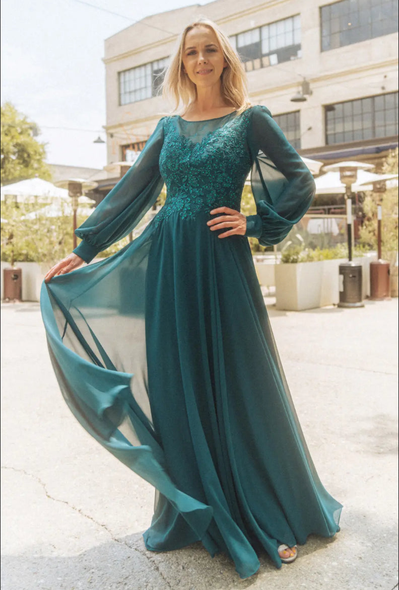 Floral Embroidery Sheer Boat Neckline Chiffon A-line Long Dress. Gl3363 GLS BY GLORIA