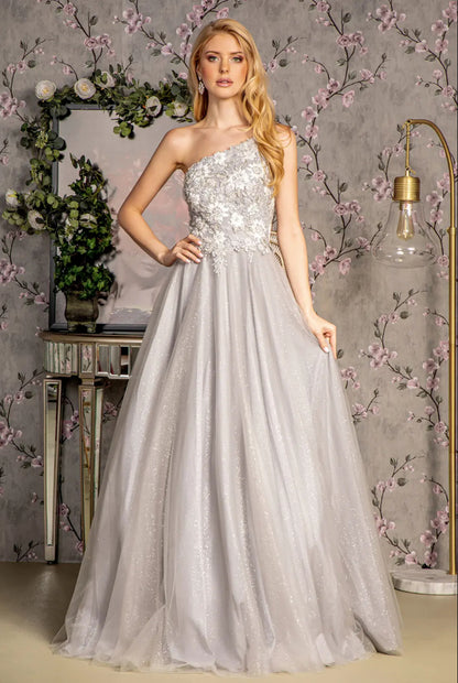 Asymmetric Sequin Mesh Mermaid Long Dress w/ Back Straps. GL3384 GLS BY GLORIA