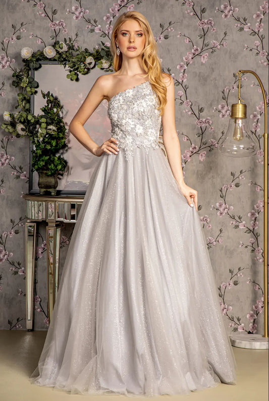 Asymmetric Sequin Mesh Mermaid Long Dress w/ Back Straps. GL3384 GLS BY GLORIA