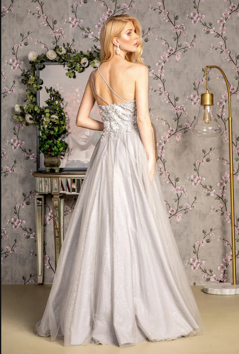 Asymmetric Sequin Mesh Mermaid Long Dress w/ Back Straps. GL3384 GLS BY GLORIA