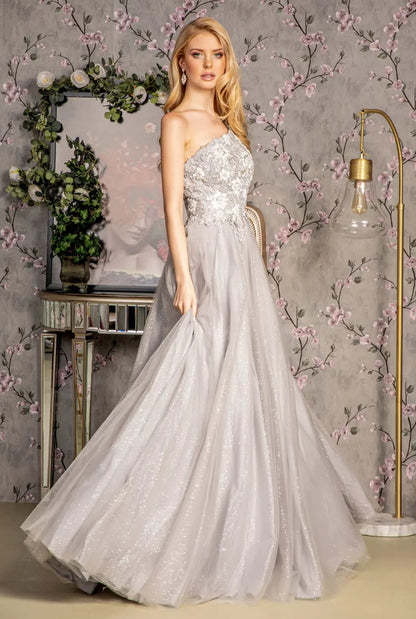 Asymmetric Sequin Mesh Mermaid Long Dress w/ Back Straps. GL3384 GLS BY GLORIA