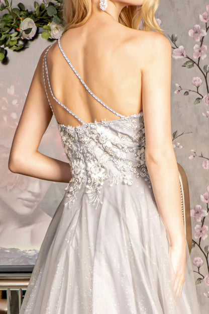 Asymmetric Sequin Mesh Mermaid Long Dress w/ Back Straps. GL3384 GLS BY GLORIA