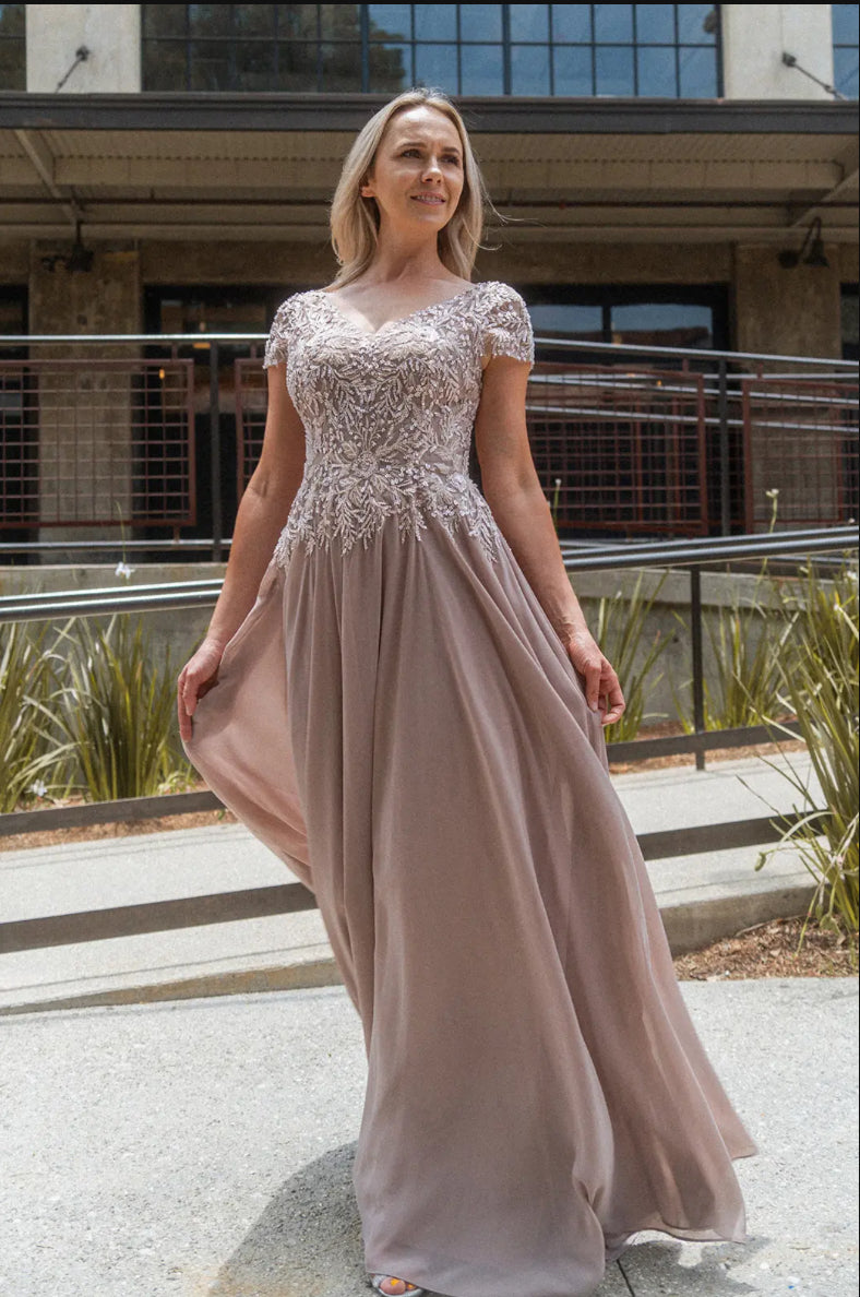 Embroidery Sequin Sheer V-neckline Chiffon A-line Long Dress. GL3450 GLS BY GLORIA