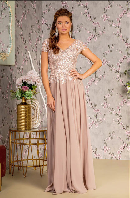 Embroidery Sequin Sheer V-neckline Chiffon A-line Long Dress. GL3450 GLS BY GLORIA