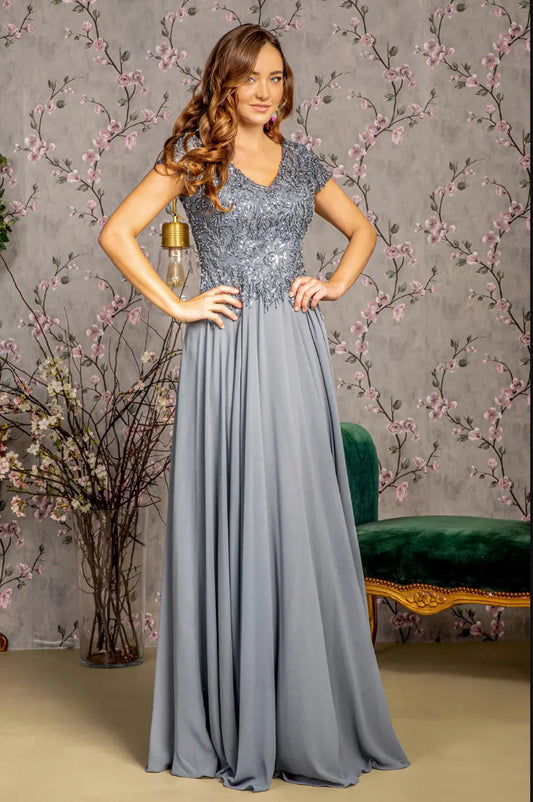 Embroidery Sequin Sheer V-neckline Chiffon A-line Long Dress. GL3450 GLS BY GLORIA