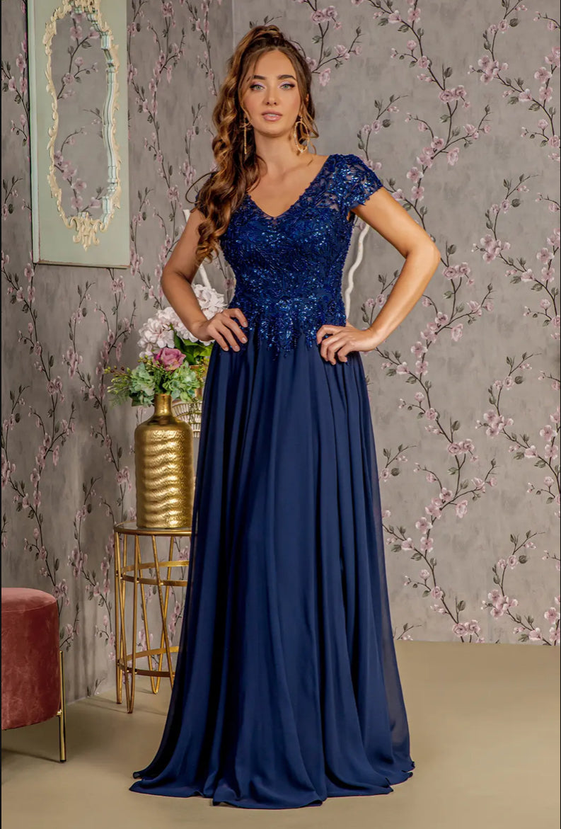 Embroidery Sequin Sheer V-neckline Chiffon A-line Long Dress. GL3450 GLS BY GLORIA
