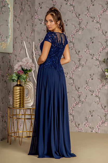 Embroidery Sequin Sheer V-neckline Chiffon A-line Long Dress. GL3450 GLS BY GLORIA