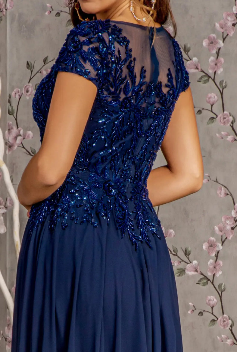 Embroidery Sequin Sheer V-neckline Chiffon A-line Long Dress. GL3450 GLS BY GLORIA