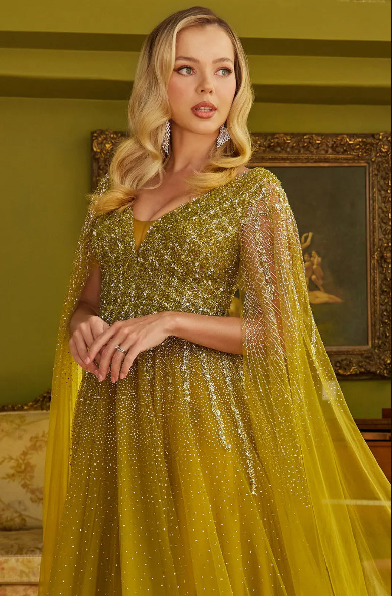Feel glamorous in this bead, jewel, and sequin adorned dress. GL3606 GLS BY GLORIA
