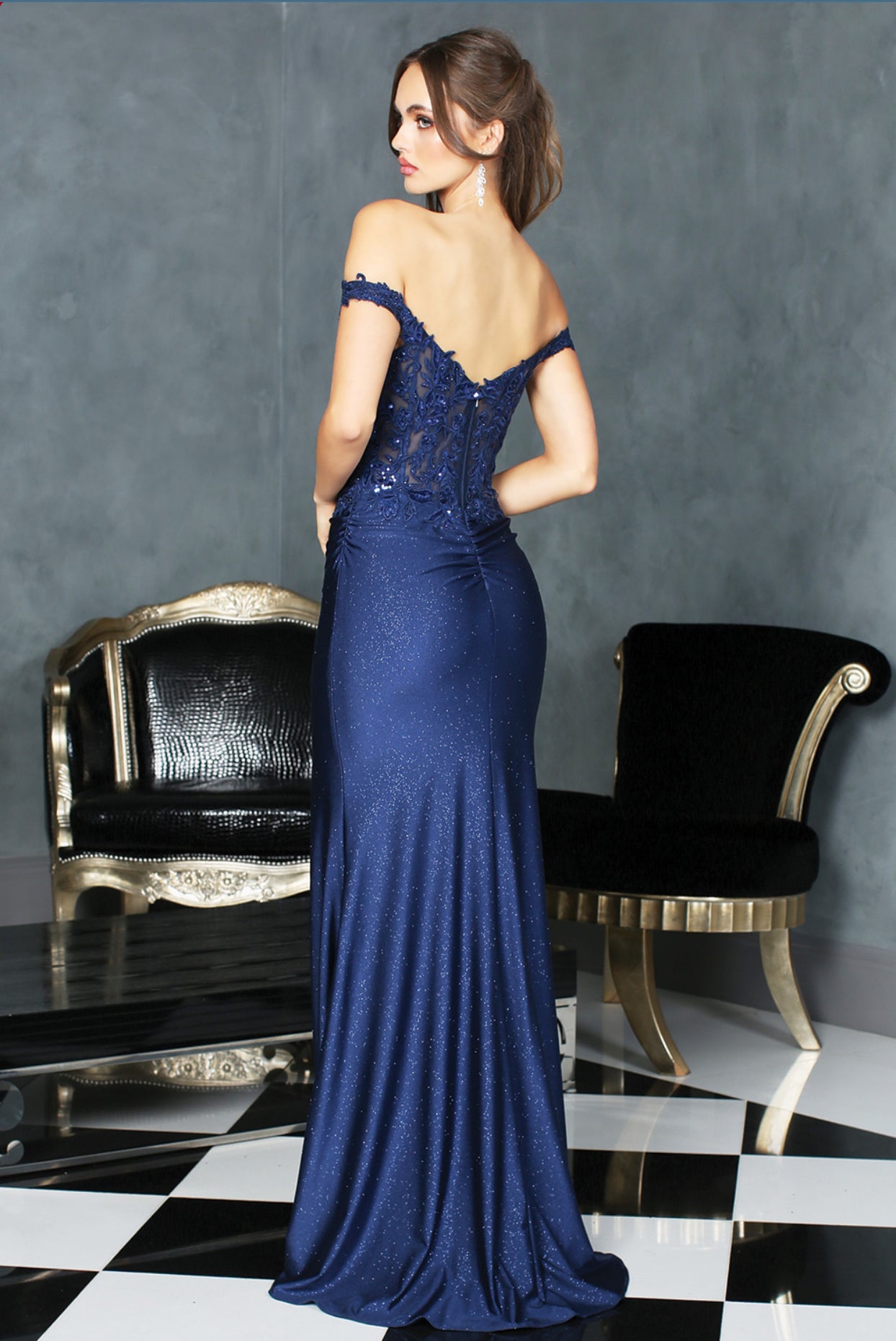 Off shoulder sparkly dress fitter. 3189 BY ADORA DESIGN