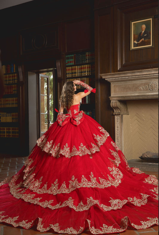 Dazzling Quince: Removable Gloves, Train & Bow. PQ1099 BY BELLA COUTURE
