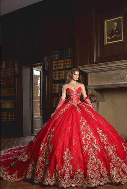 Dazzling Quince: Removable Gloves, Train & Bow. PQ1099 BY BELLA COUTURE