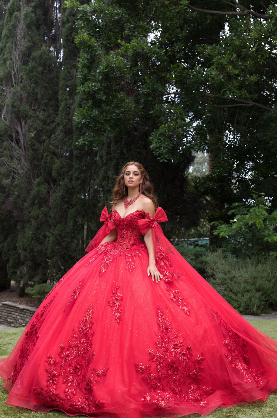 Red Quince Dress with Drape. PQ1098 BY BELLA COUTURE