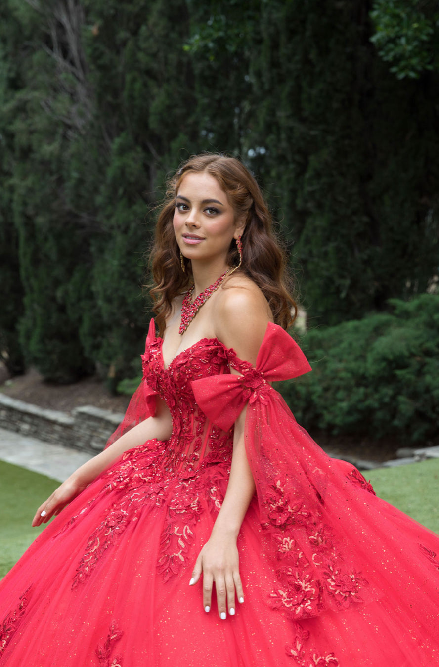 Red Quince Dress with Drape. PQ1098 BY BELLA COUTURE