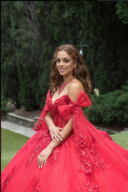 Red Quince Dress with Drape. PQ1098 BY BELLA COUTURE