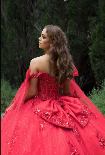 Red Quince Dress with Drape. PQ1098 BY BELLA COUTURE
