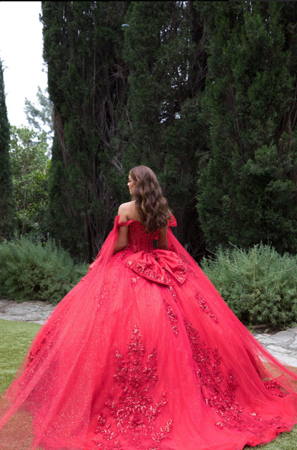 Red Quince Dress with Drape. PQ1098 BY BELLA COUTURE
