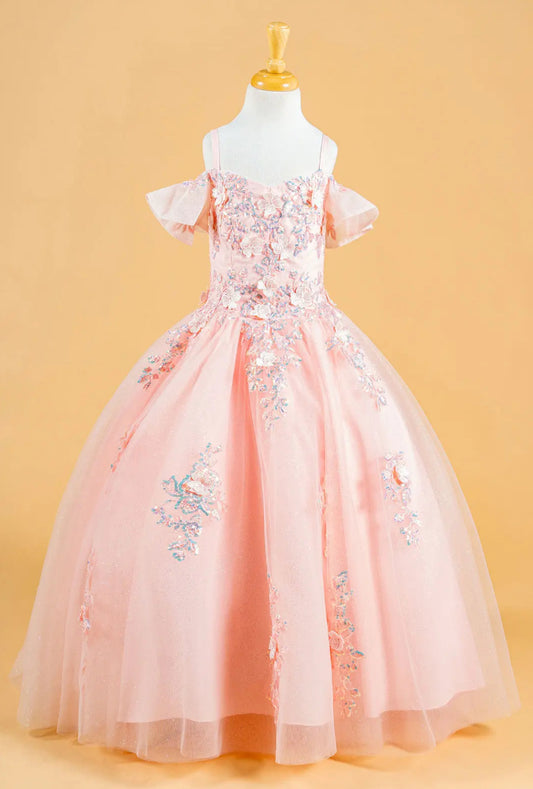 3D Flower Applique Sequins Embroidery Lace-Up Back Corset V-Neck Cold Shoulder Kids Dress. GL120 GLS BY ELIZABETH K