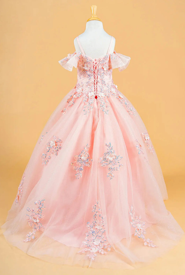 3D Flower Applique Sequins Embroidery Lace-Up Back Corset V-Neck Cold Shoulder Kids Dress. GL120 GLS BY ELIZABETH K